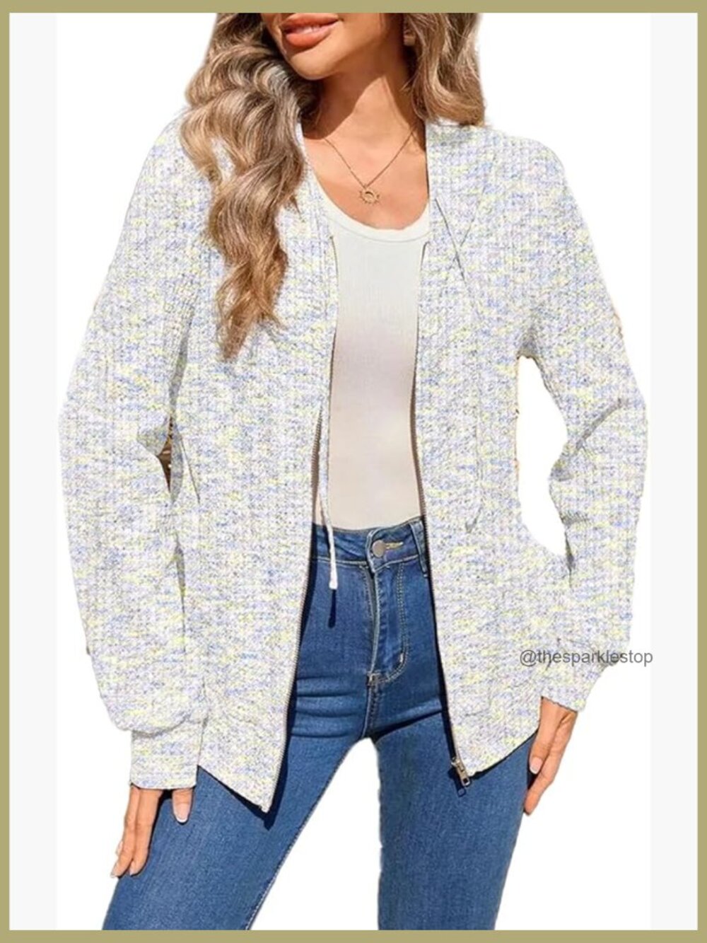 Waffle Knit Zip Up Hoodie Sweatshirt Loose Fit Shacket Jacket